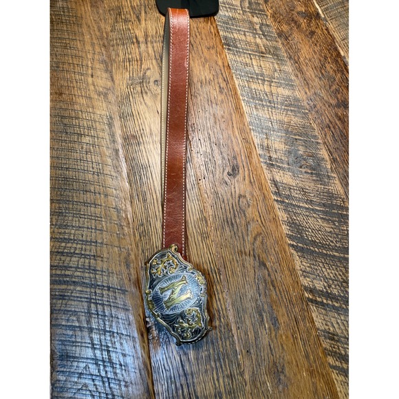 Vintage Alpaca Western Cowboy Belt Buckle Initial N Silver Gold Triple K Leather - Picture 7 of 8